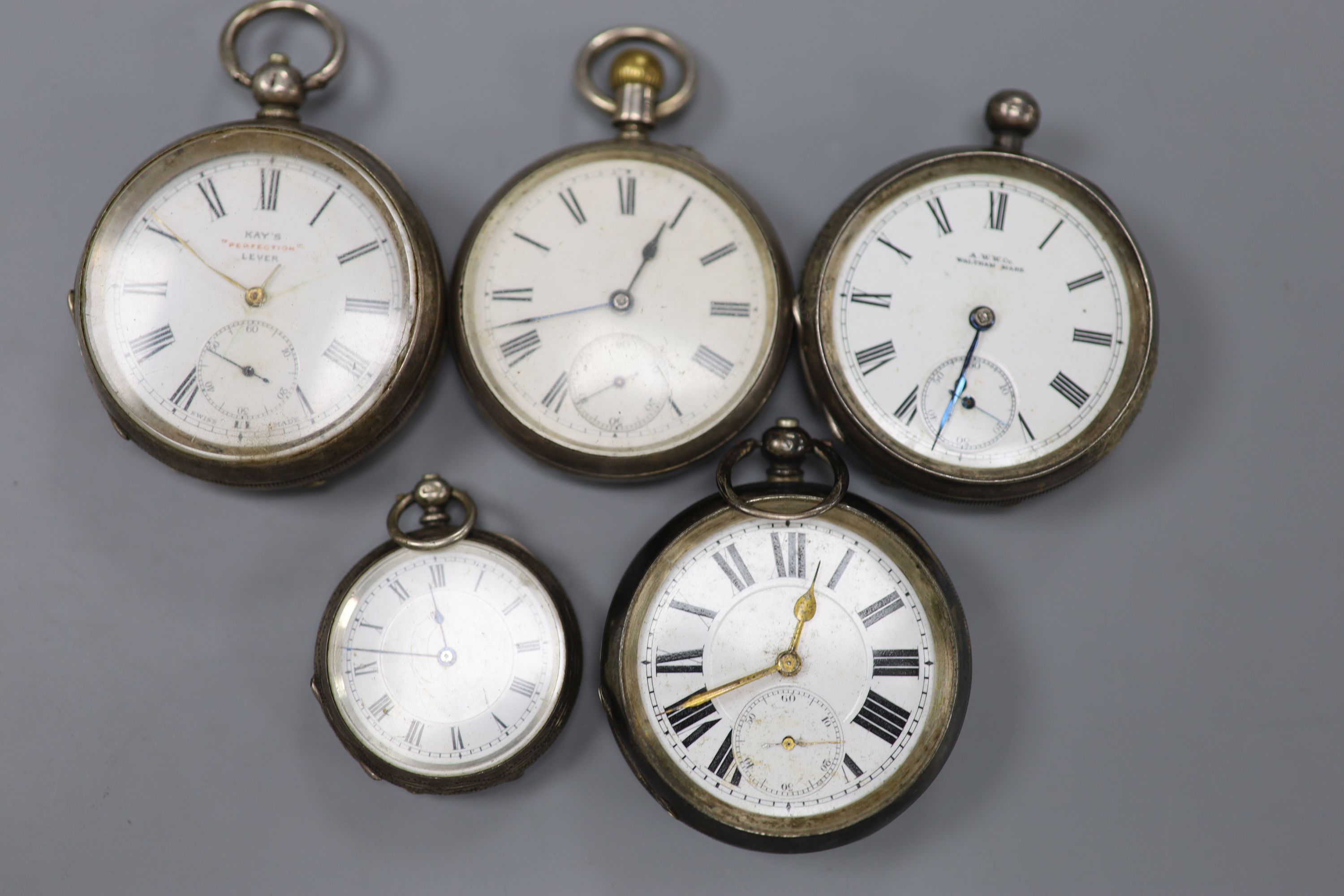 Two silver pocket watches including late Victorian and three other white metal pocket/fob watches(a.f.).